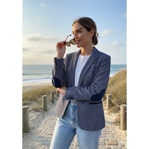 Tommy Hilfiger Women's Knit Blazer Jacket Navy White Chevron Size 16 Nautical